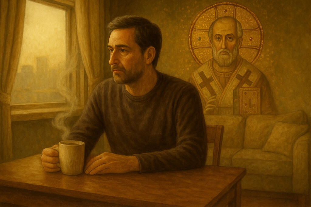 Stavros drinking coffee in his New York apartment, and a Saint Nicholas icon glowing softly on the wall behind him.
