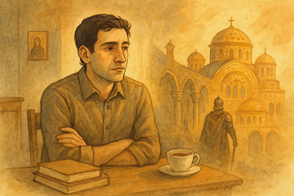 Stavros, the fictional hero of the Byzantine Tales, is depicted in the painting with his body in the world and his soul in Byzantium.