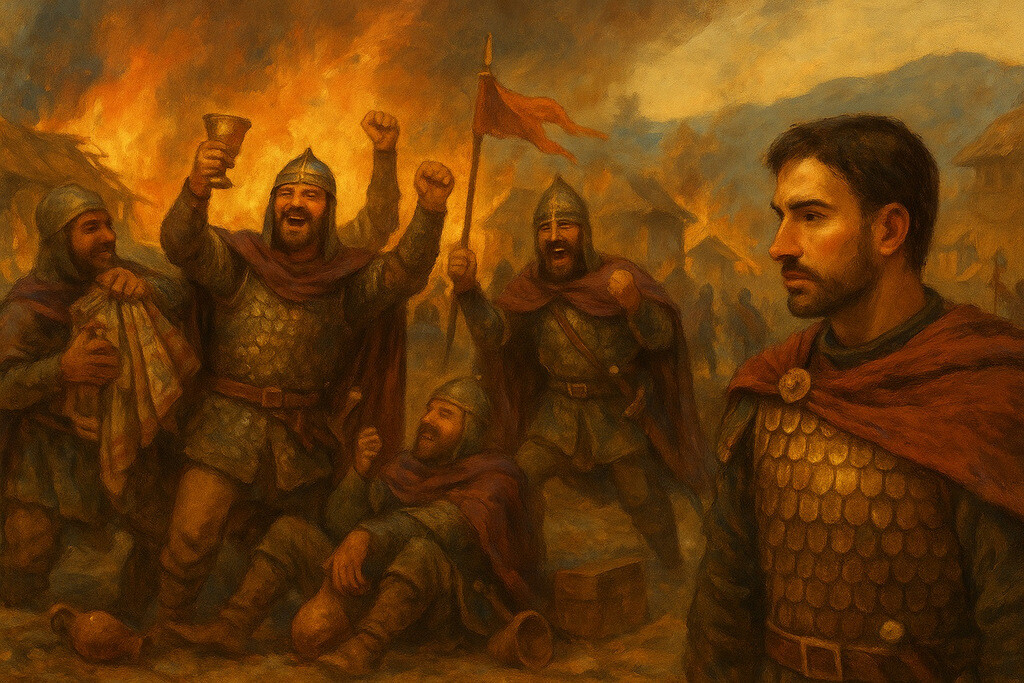 Byzantine soldiers plunder the Bulgarian capital of Pliska, and in the process the discipline of the army breaks down.