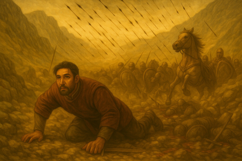 Byzantine army ambushed by the Bulgars in the narrow mountain pass of Pliska, soldiers in chaos under a rain of arrows.