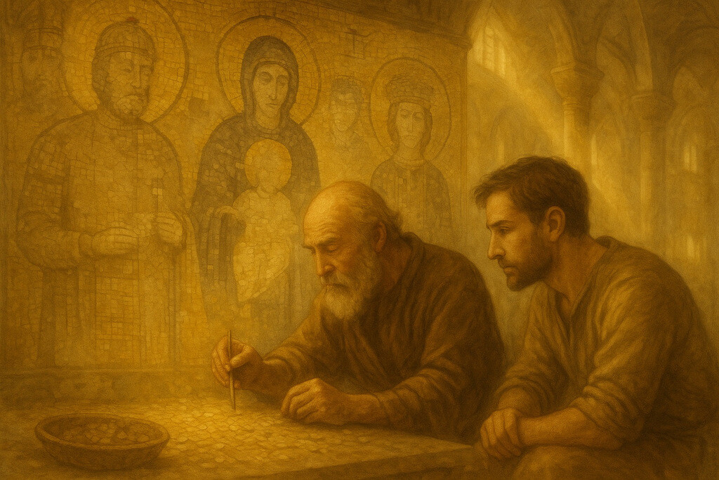 Stavros, together with the mosaic master, places golden tesserae in the imperial mosaic in Hagia Sophia.
