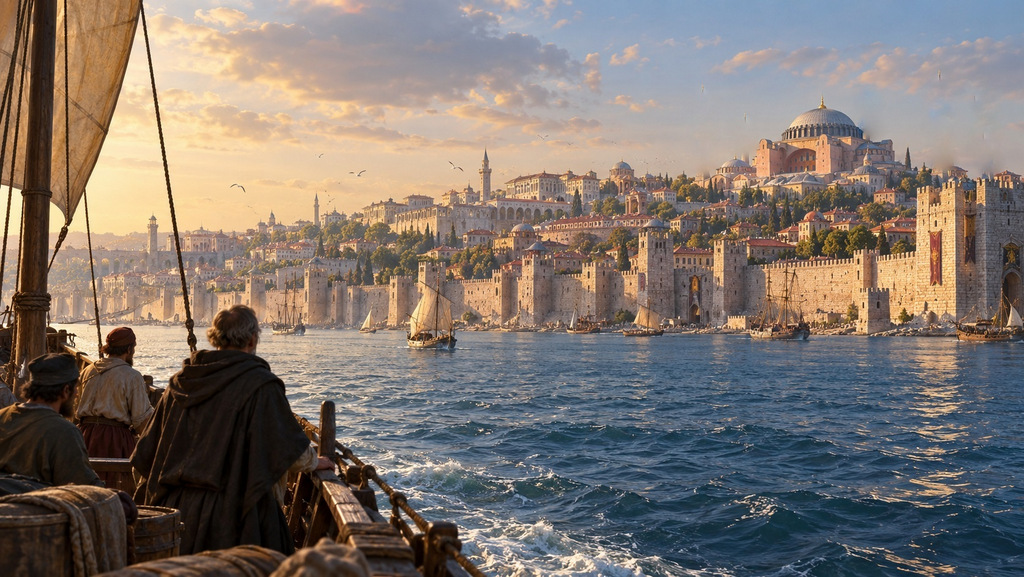 Artistic reconstruction of Arculf approaching Constantinople by sea in the late seventh century